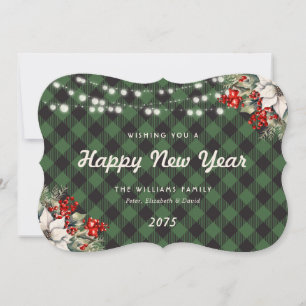 Green Botanical String Lights Plaid New Year Card