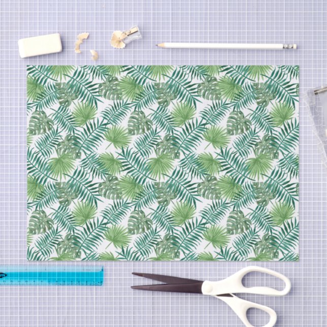 Green Botanical Tropical Palm Leaves Pattern Tissue Paper (Craft)