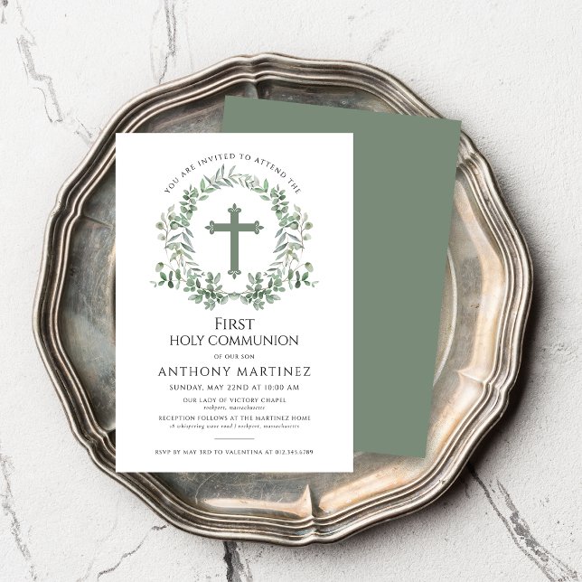Green Botanical Wreath Boy's First Holy Communion  Invitation (Creator Uploaded)