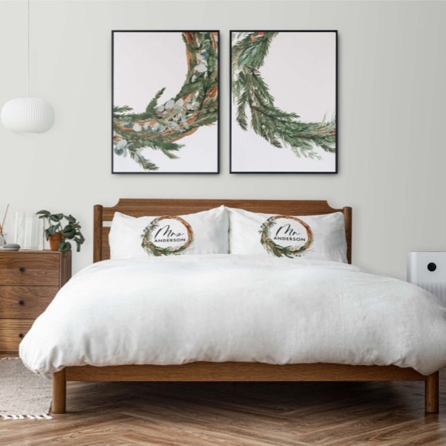 Green botanical wreath elegant script mrs pillowcase (Creator Uploaded)