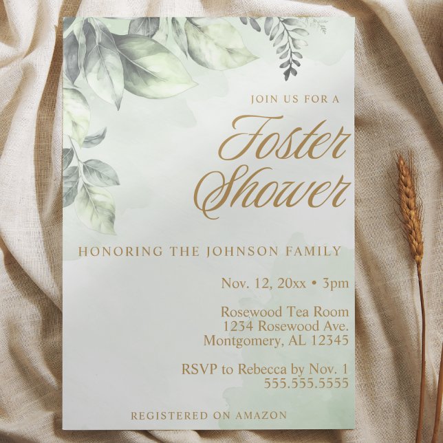 Green Botanicals Foster Care Child / Baby Shower Invitation (green botanical baby shower watercolor elegant script gold and sage green eucalyptus invitation)