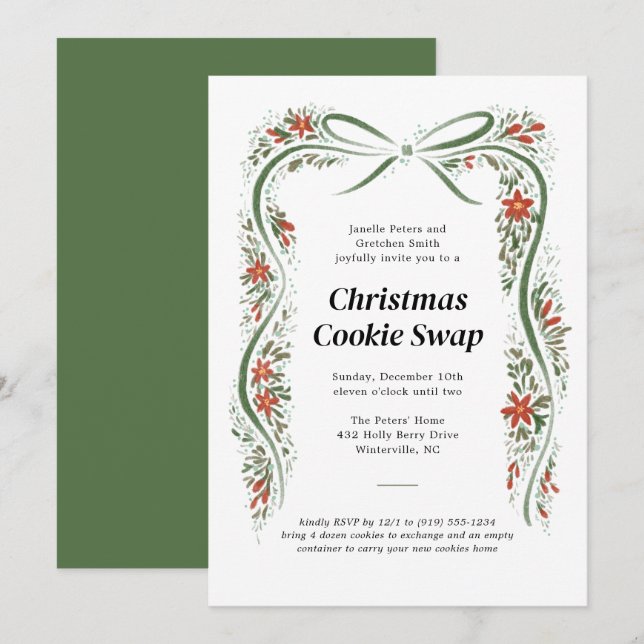 Green Bow and Poinsettias Christmas Holiday Invitation (Front/Back)