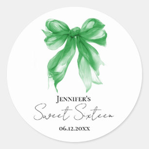 Green Bow Coquette Script Sweet 16 Party  Classic Round Sticker