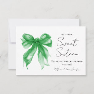 Green Bow Coquette Script Sweet 16 Thank You Card