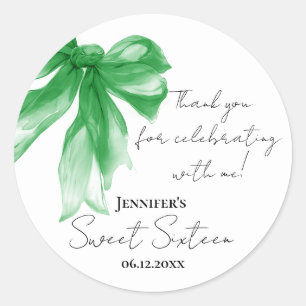 Green Bow Coquette Script Sweet 16 Thank You Classic Round Sticker