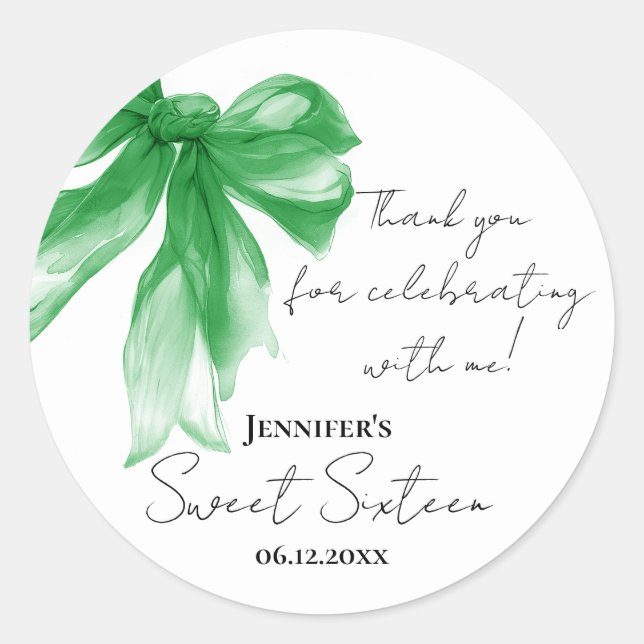 Green Bow Coquette Script Sweet 16 Thank You  Classic Round Sticker (Front)