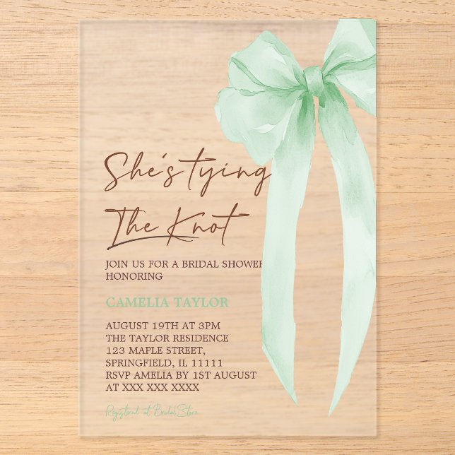 Green Bow Elegant Bridal Shower Acrylic Invitations (Front)