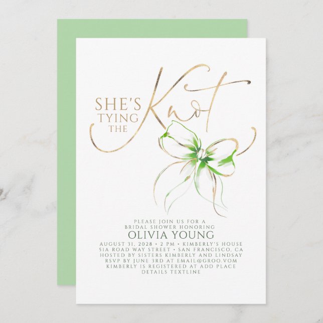 Green Bow Elegant Modern Minimalist Bridal Shower Invitation (Front/Back)