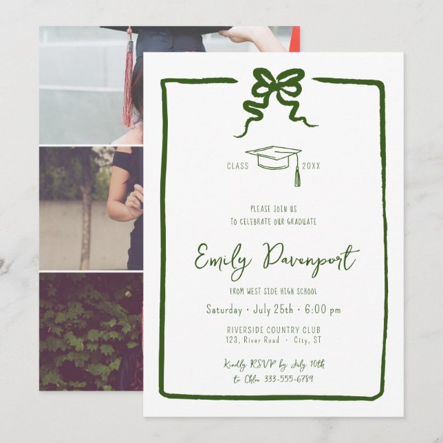 Green bow graduation 3 photos invitation (Front/Back)