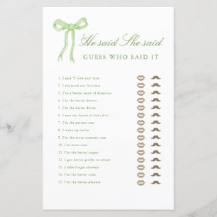 Green Bow He Said She Said Bridal Shower Game