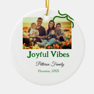 Green bow joyful Vibes add family photo name Ceramic Ornament