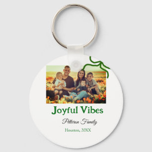 Green bow joyful Vibes add family photo name  Keychain