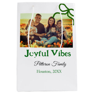Green bow joyful Vibes add family photo name Medium Gift Bag