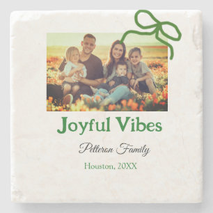 Green bow joyful Vibes add family photo name Stone Coaster
