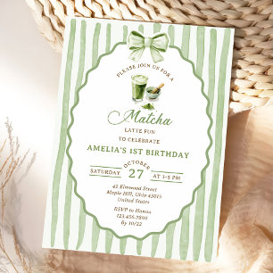 Green Bow Matcha Birthday Party Invitation