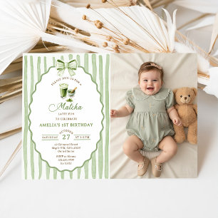 Green Bow Matcha Photo Birthday Party Invitation