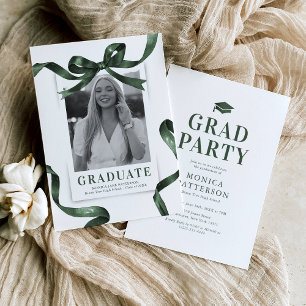 Green Bow Photo Graduation Party Invitation