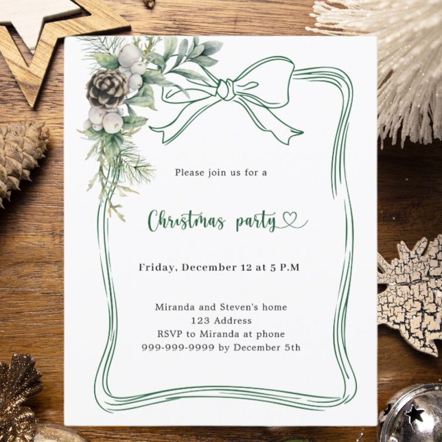 Green bow pine modern Christmas Party invitation (Creator Uploaded)