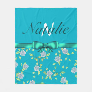 Green Bow Ribbon and Blue Roses Monogram Fleece Blanket