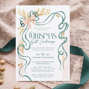 Green Bow Ribbon Christmas Gift Exchange Party Invitation