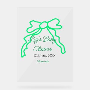 Green bow scribble baby shower add name date moder acrylic sign