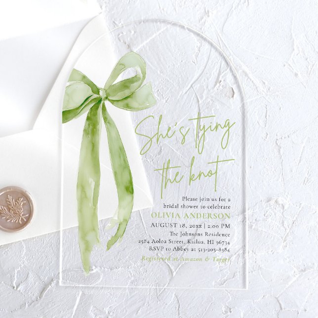Green Bow She's Tying the Knot Arch Bridal Shower Acrylic Invitations (Creator Uploaded)