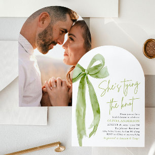 Green Bow She's Tying the Knot Arch Bridal Shower Invitation