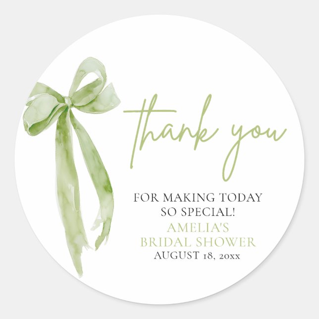 Green Bow She's Tying the Knot Bridal Shower Classic Round Sticker (Front)