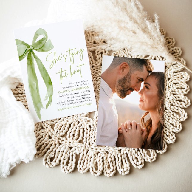 Green Bow She's Tying the Knot Bridal Shower Invitation (Modern Elegant Green Bow Ribbon Coquette She's Tying the Knot Arch Bridal Shower Invitation)