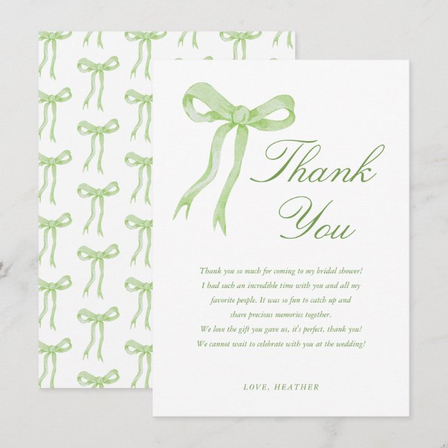 Green Bow She's Tying The Knot Bridal Shower Thank You Card (Front/Back)