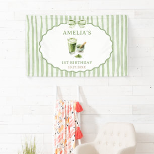 Green Bow Stripes Matcha Birthday Banner
