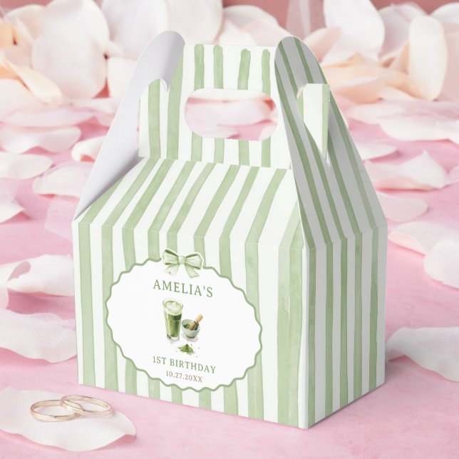 Green Bow Stripes Matcha Birthday Favor Box (Wedding)