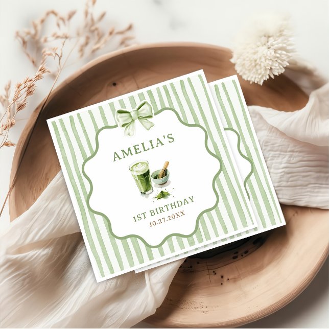 Green Bow Stripes Matcha Birthday Napkin (Creator Uploaded)