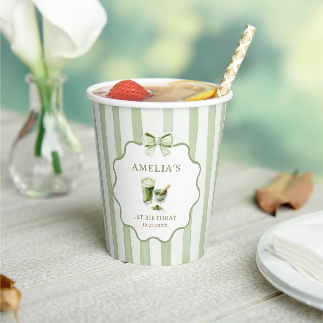 Green Bow Stripes Matcha Birthday Paper Cups (Insitu)