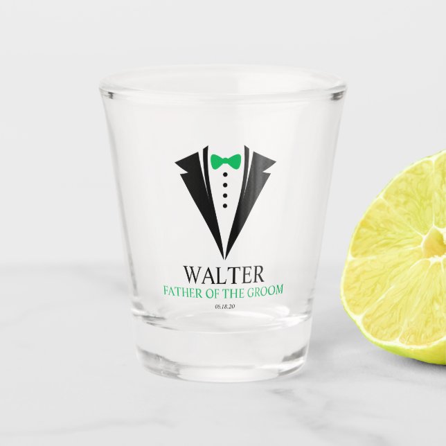 Green Bow Tie "Father of the Groom" Wedding Party Shot Glass (Front)