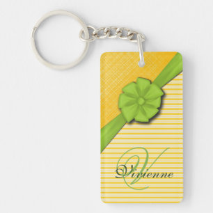 Green Bow, Two Tone Yellow Stripes Sunny Fabric Keychain