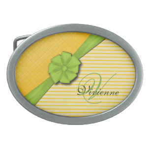 Green Bow, Two Tone Yellow Stripes Sunny Fabric Oval Belt Buckle