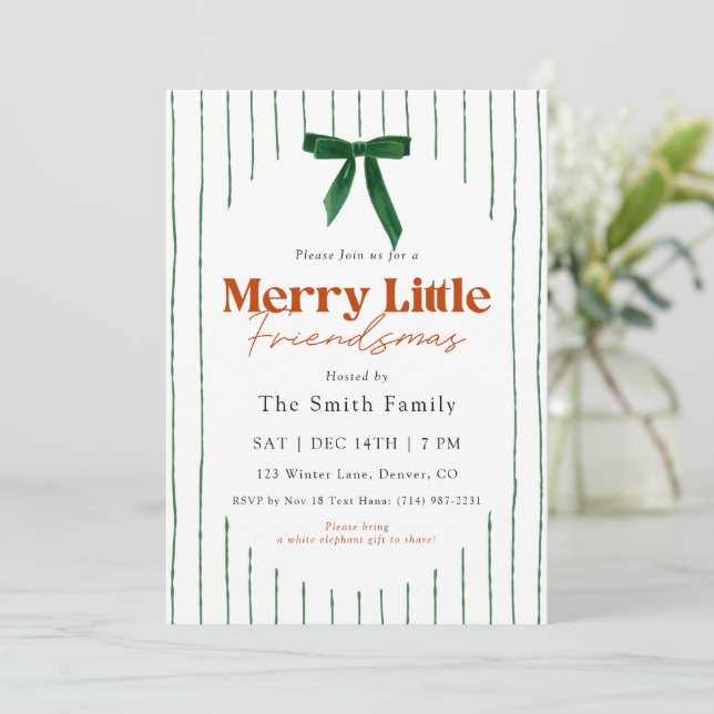 Green Bow Watercolor Merry Little Friendsmas Invitation (Standing Front)