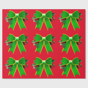 Green Bow With Holly Red Wrapping Paper
