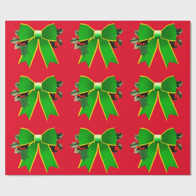 Green Bow With Holly Red Wrapping Paper (Flat)