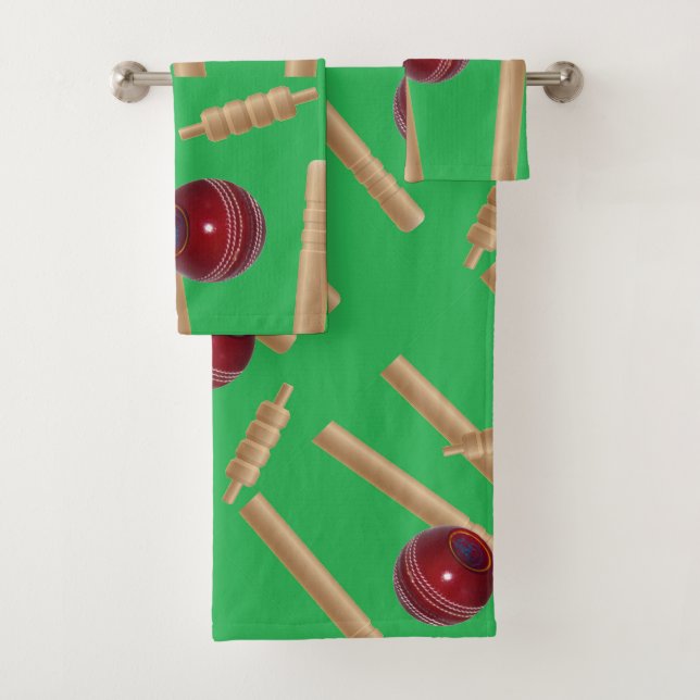 Green Bowled At Cricket Pattern, Bath Towel Set (Insitu)