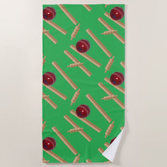 Green Bowled At Cricket Pattern, Beach Towel (Front)
