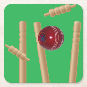 Green Bowled At Cricket, Square Paper Coaster