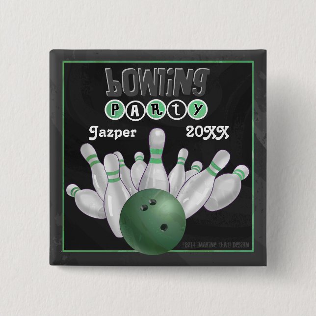 Green Bowling Party 2 Inch Square Button (Front)