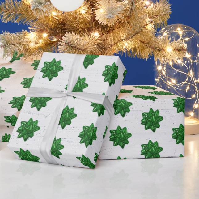 Green Bows on White Wood Wrapping Paper (Holidays)