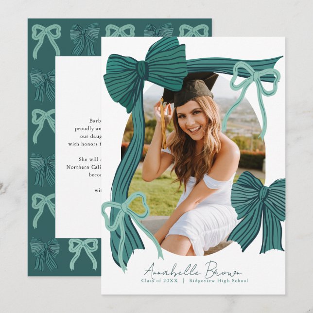Green Bows Photo Message Graduation Announcement (Front/Back)