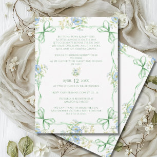Green Bows Ribbons & Floral Frame Baby Shower Invitation
