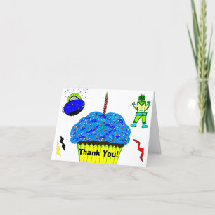 Green Boy Robot Blue Spaceship Cupcake Thank You Card