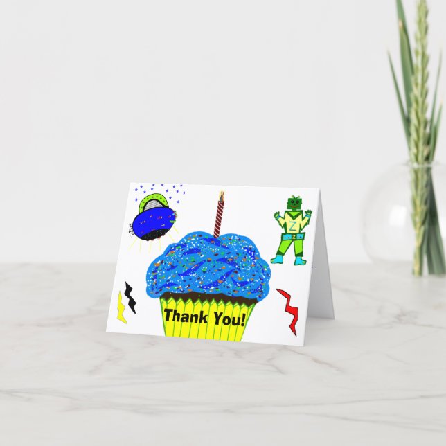 Green Boy Robot Blue Spaceship Cupcake Thank You Card (Front)