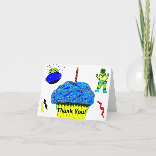 Green Boy Robot Blue Spaceship Cupcake Thank You Card (Front)